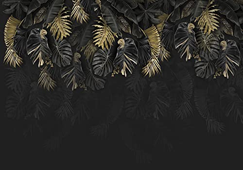 wandmotiv24 Fototapete Blätter Vintage grau, XXL 400 x 280 cm - 8 Teile, Wanddeko, Wandbild, Wandtapete, gold Palmen retro M6720