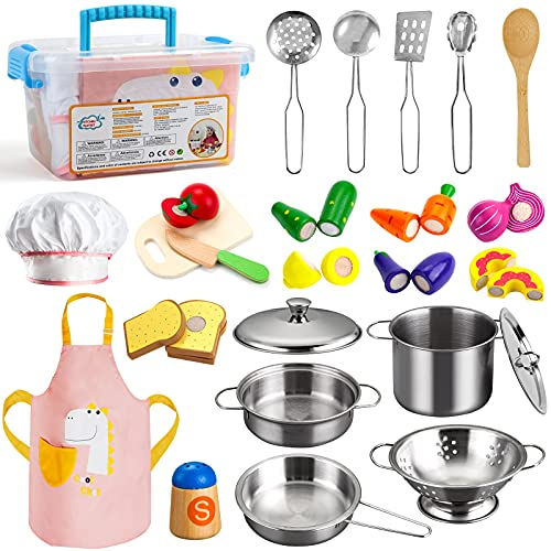 Sundaymot Giocattoli da Cucina per Bambini, Accessori Cucina Bambini con Acciaio Inossidabile Pentole Set, Grembiule e Cappello, Taglio Cibo Verdura Chef Gioco di Ruolo Set per Ragazze e Ragazzi