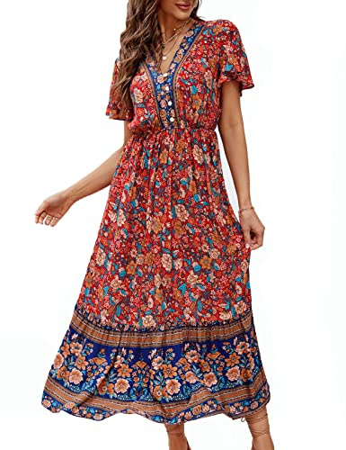 Clearlove Damsommarklänning, boho, kortärmad midiklänningar, v-ringad strandklänning, lång blommig klänning, volanger, fritidsklänning med knappar (förpackning återanvändbar), L