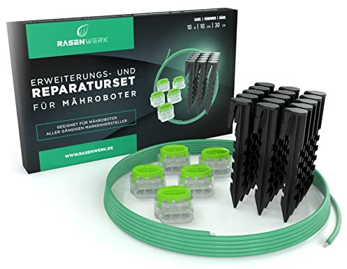 RASENWERK Begrenzungskabel Reparatur-Set für Mähroboter - 30 Erdnägel mit patentierter Form - 10 Verbindungsklemmen mit wasserdichter Gelfüllung - 10m Universal Begrenzungskabel für Rasenroboter