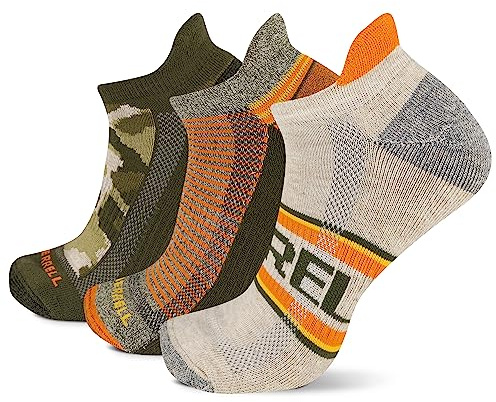 Merrell Unisex's Men's and Women's Recycled Everyday Half Cushion 3 Pairs-Breathable Hiking Socks Repreve, Low Cut Tab-Orange Assorted, Medium-Large
