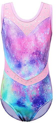 ZNYUNE Mädchen Gymnastikanzug für Tanz und Ballett - Galaxie Fischschuppen Design, Stretch, Glitzer Print - 12A