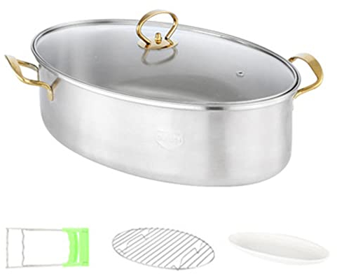 8Qt Pot À Poisson Cuit À La Vapeur 304 En Acier Inoxydable Ovale Ensemble De Vapeur De Poisson Avec Rack, Casserole En Céramique, Mandrin, Stockpot Pour Les Poissons Fumantes, Soupe Bouillante,D'or