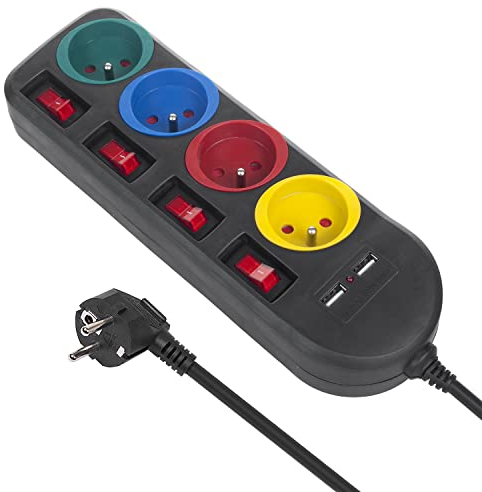 Maclean MCE229 B Bloc multiprises rallonge 4 Prises + 2xUSB avec interrupteurs 250VAC/10A, 2,1A 5V 1,5m Noir