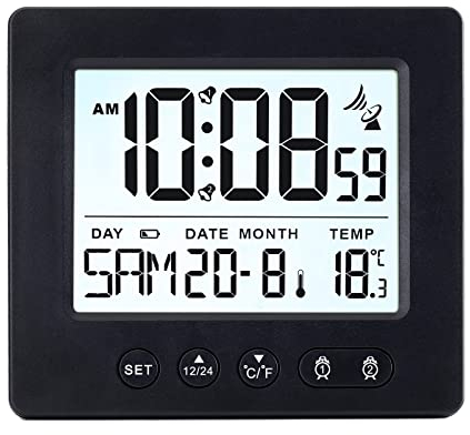 VORRINC Digitaler Funkwecker Mit Zwei Unabhängige Wecker,Schlummerfunktion,Hintergrundbeleuchtung,Datum,Woche,Temperatur,Funkuhr Automatische Einstellung Sommer-BZW.Winterzeit,Schwarz