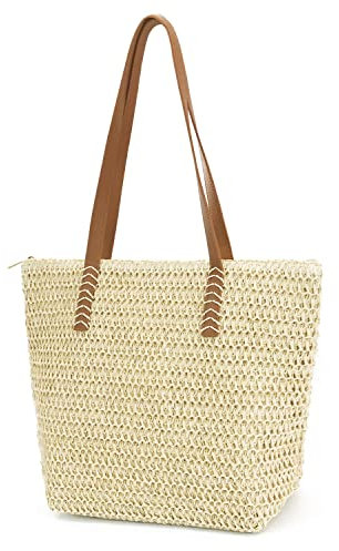 MAMUNU Women's Summer Boho Beige L Straw Tote Handbag with Zipper and Lining
