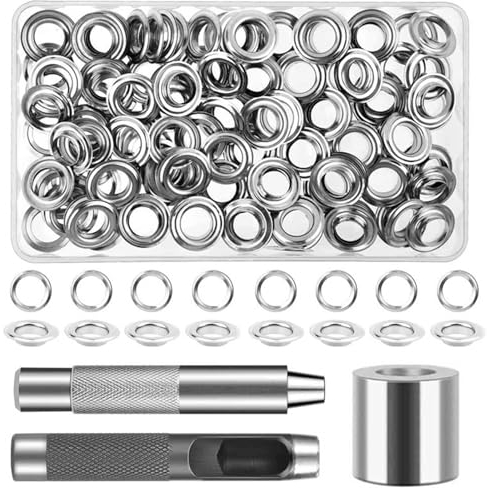 vvhippo Occhiello Strumento Kit, 120 Pezzi Occhielli Grommet Rondelle, 12mm Diametro Interno con 3 Attrezzi e Scatola di Stoccaggio, Utilizzati per Tela Cerata, Tessuto, Tende