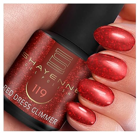 SHAYENNE UV Gel Nagellack - 119 Red Dress Glimmer Rot mit Glitzer 15 ml - Langanhaltend, Kratzfest & Hochglänzend - Profi-Qualität - LED kompatibel - Perfekt für Zuhause & Studio - Made in Germany