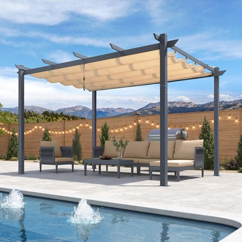 PURPLE LEAF Pergola 3 × 4 m Alu Dunkelgrau Rahmen mit Schutzdach, Beige | Versenkbare Markise, UV50+ Stoff, Robustes Aluminiumgestell, Wasserabweisend Stabil, mit Schützendes Dach, Terrasse