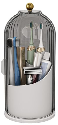 Zufudo Dustproof Toothbrush Holders with Cover, Rotating Electric Toothbrush and Toothpaste Holder for Bathroom Countertop, 3 Slots Makeup Brushes Organizer, Grey White