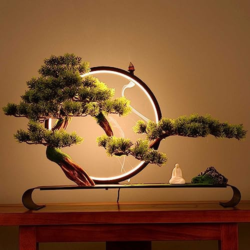 Zen Welcome Kiefer künstlich getopft mit Rückfluss-Räucherstäbchen – Künstlicher Baum mit Lampenring, realistische Simulation Bonsai Grünpflanze für Zuhause und Büro