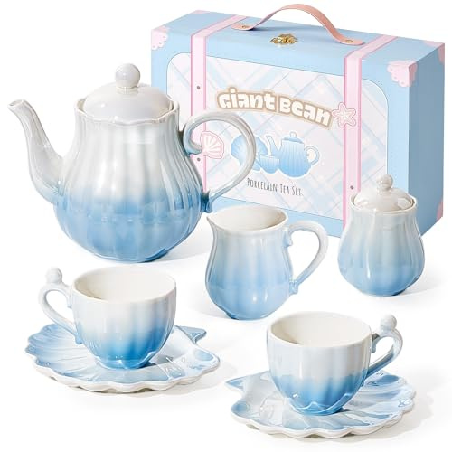 Giant bean Girls Pearl Gradient Blue Porcelain Tea Party Set , 10PCS Ceramic Childs Tea Party Set, British Royal Princess Series Teapot & Cup & Saucer & Sugar Bowl & Suitcase