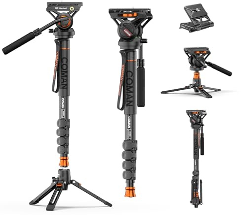 Professional Camera Monopod with Feet, 73.2 inch Aluminum Portable Travel Video Monopod with Removable Tripod Stand Base, Max Load 22 Lbs, New Q6 Fluid Head for DJI RS4 Manfrotto, KX3232Q6