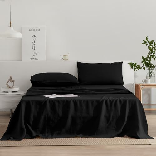 EVERLY Linen Sheets Set Queen Size,100% French Stonewash Pure Linen Sheets Set,4Pieces (1Flat Sheet,1Fitted Sheet,2Pillowcase) Suitable for Hot Sleepers,Deep Pocket Natural Bedding Set-Black