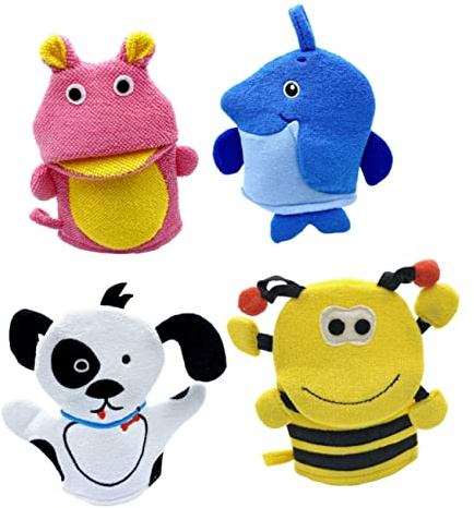 MERRYHAPY Kinderwaschlappen Babywaschhandschuhe Mit Cartoon Tieren 4 Stück Badehandschuhe Peeling Körperpeeling Weiche Badutensilien Für Babys Und Kinder
