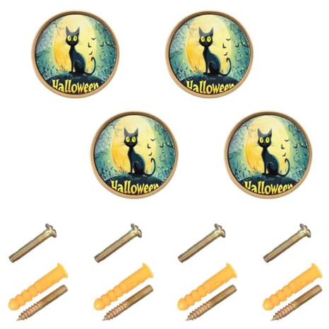 JUMBEAR Türknäufe im Vintage-Stil, Motiv: roter Mond und schwarze Katze, 4 Stück