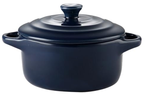 Mikinona Bol à Double Anse Céramique Avec Couvercle Pour Cuisine Maison Compatible Micro-ondes Et Cuisson Au Four Bol à Ragoût Bleu Foncé