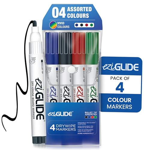 Eziglide Whiteboard Pens, 4-Pack Refillable Markers, 4 Assorted Colours | Bullet Tip Non-Permanent, Erasable Markers in Black, Red, Blue & Green, Ideal for School, Flipcharts, Office & Classroom Use