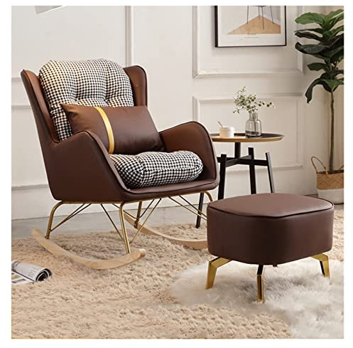 ZXFDMSWJ Freizeit-Sofa-Schaukelstuhl, Gleitschaukelstuhl mit hoher Rückenlehne, Sessel mit Ottomane für das Wohnzimmer, Schaukelstuhl im Mid-Century-Stil mit Beinen aus Massivholz (Farbe: Braun)