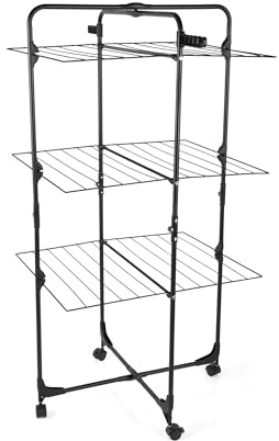 Beldray 30 Metre 3-Tier Tower Airer – Space-Saving Foldable Clothes Drying Rack with Locking Wheels, 10 Hanger Holes and 15kg Max Load, Perfect for Family Laundry
