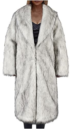 Komiseup Fleecejacke Damen, Winterjacke Damen Lange Winter Pelzmantel Elegant Kunstpelz Jacke Offener Front Wintermantel Dick Plüschjacke mit Kapuze Warme Kunstfell Oberbekleidung Faux Pelz Coat 18