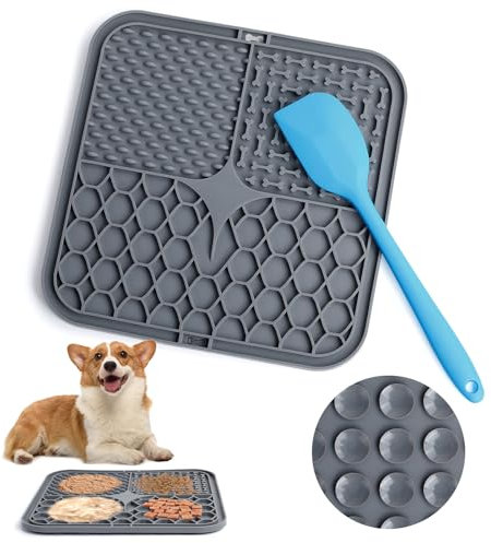 Romon Schleckmatte Hund mit Silikonspatel, 20x20cm Leckmatte Hund mit Saugnapf, 3 Formen Schleckmatte Katzen BPA-Frei, für Hundebaden, Trainieren, Fellpflege (Grau)