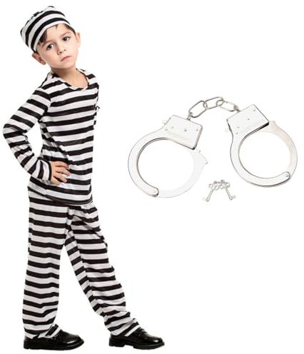 Ficlwigkis Gestreift Häftling Kostüm Herren Kinder,Gefangener Sträfling Kostüm Herren mit Gestreift Oberteil,Mütze,Hose und Handschellen,Faschingskostüm Kinder Jungen Männer(Jungen, 150)