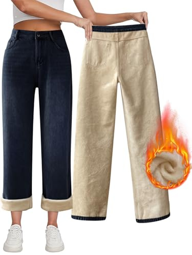 Onsoyours Thermo Jeans Damen High Waist Straight Leg Baggy Jeans Winter Fleece Gefütterte Thermohose Denim Weites Bein Thermojeans A Dunkelblau XXL
