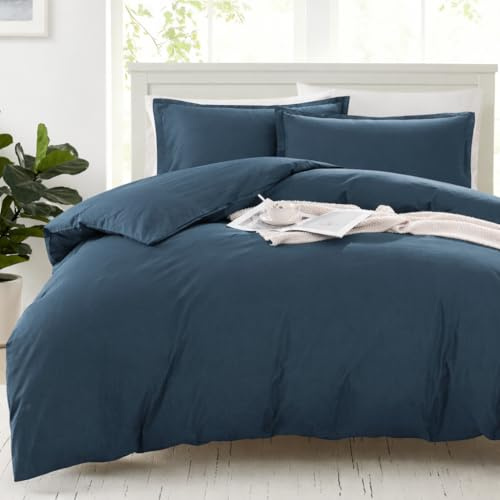 LANE LINEN Double Size Duvet Cover Set - 100% Organic Cotton, 3-Piece Soft & Sustainable Bedding, Includes 1 Duvet Cover 200 x 200 cm and 2 Pillow Shams - Machine Washable - Estate Blue