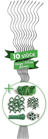 Floordirekt Tomatenspiralstäbe inkl. Zubehör Set - 110 cm Länge - 10 Stück - Tomatenstab - Spiralstab - Rankstab - Tomaten Rankhilfe - Pflanzstab (Verzinkt)