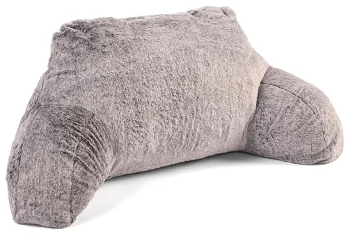 Downland Huggleland Reading Pillow with Arms - Soft Teddy Fleece Cuddle Cushion for Adults, Backrest Support Pillow for Bed, Chair & Armchair Reading Cushion (Steel Grey) - 45H x 39D x 89W cm