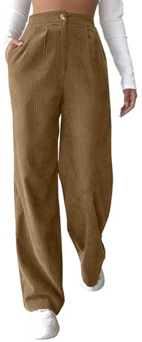 Corduroy Trousers Women Barrel Mid-Rise Elasticated Waist Vintage Cord Pants Loose Fit Baggy Wide Leg Capris Harem Pants Leisure Trousers with Pockets Casual Holiday Beach Pant Streetwear Brown