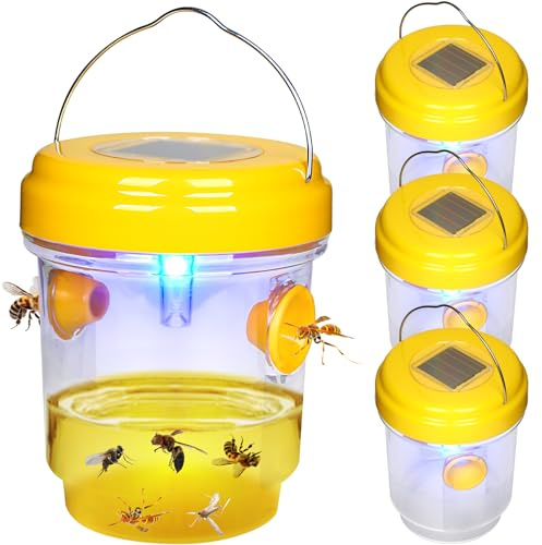 Wasp Traps Outdoor Hanging, Solar Bee Trap 4 Packs, 2025 Upgrade Wasp Deterrent Killer, Carpenter bee Catcher for Outside, Flying Insect Traps Reusable Yellow Jacket Hornet Catchers with LED Light