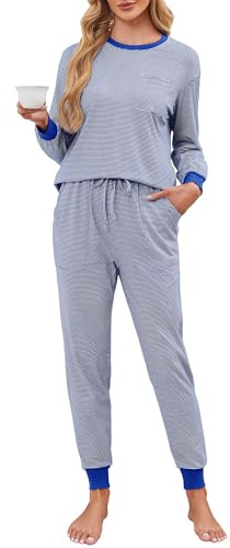 Namatime pyjamas dam lång bomull tvådelad pyjamas ränder nattkläder med fickor, blå, M