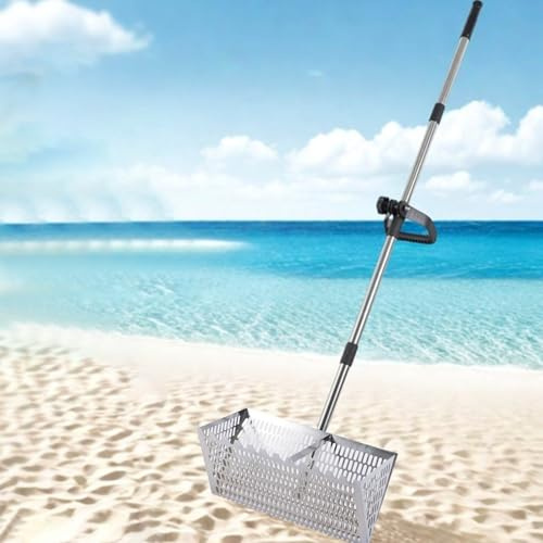 Rastrillo de pulgas de arena, dientes de tiburón de acero inoxidable, tamiz de arena de playa con mango largo desmontable, rastrillo ancho desmontable de mango largo para playa, el tamiz viene con