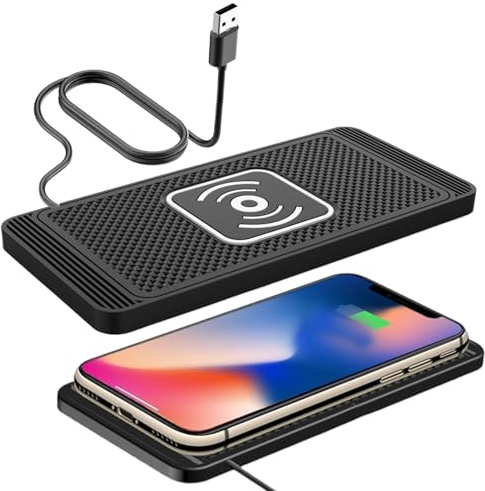 Almohadilla De Carga Inalámbrica para Coche | Base de Carga Inalámbrica para Móvil en Vehículo,Cable De 99 Cm, Alfombrilla De con Detección Automática Antideslizante para Teléfono Y