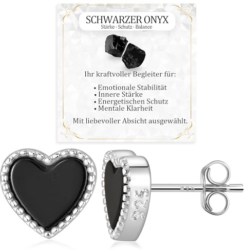 JANDY SHINE Herz Schwarzer Onyx Ohrringe für Damen 925 Sterling Silber Hypoallergene Natürlicher Edelstein Ohrstecker (Silber)