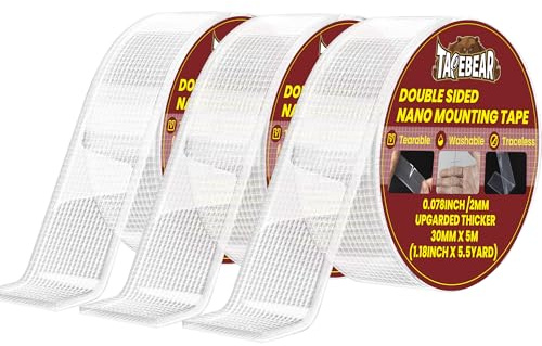 TAPEBEAR 3 rollos de cinta nano rasgada a mano, cinta de montaje de doble cara de 1.2 pulgadas x 16.4 pies, cinta fuerte de 0.08 pulgadas de grosor, tiras adhesivas reutilizables para pared, sin