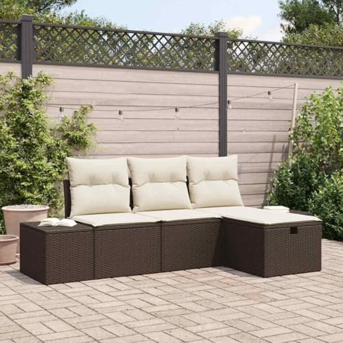 Bucmath Garten-Sofa-Set mit Kissen, 4-teilig Braun Poly Rattan, Modulares Loungeset für Terrasse, Balkon, wetterbeständige Outdoor-Möbel für 4 Personen