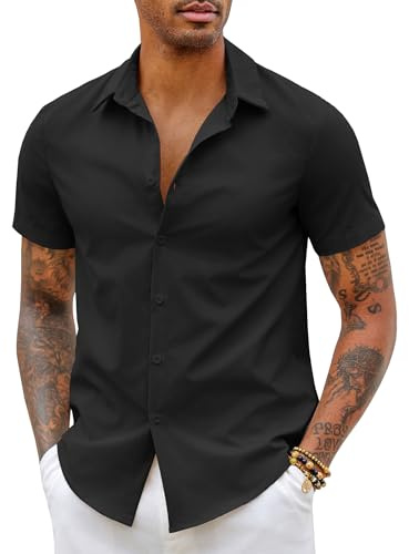 COOFANDY Chemise Homme Manches Courtes Coupe Ajustée Style Habillé Décontracté sans Repassage Été Chemises Noir XL