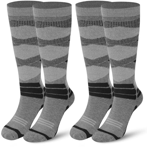wanchel Calcetines de esquí de lana merino, 2 pares de calcetines de esquí hasta la rodilla, calcetines térmicos de snowboard para invierno para hombre y mujer, gris, 35-38