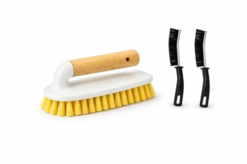 Cleaning 3-Piece Brush Set – Bamboo Scrubbing Brush & 2 Crevice Brushes – Kitchen, Bathroom & Grout Cleaning Tools – Heavy Duty Household Scrub Brushes