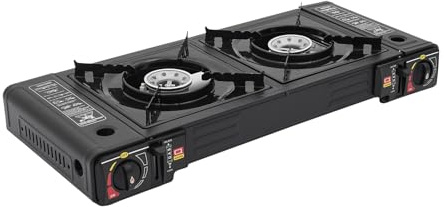 Réchaud à Gaz Camping 2 Feux 5000W, Réchaud de Camping Portable Double Alimentation Butane/GPL, Plaque Gaz 2 Brûleurs avec Allumage Piézo, Connecteur et Mallette de Transport pour Camping, Pique-Nique