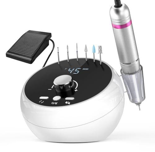 HOMEASY Nail Drill, 45000RPM Electric Nail File, Foot Pedal, LCD Display | Professional Nail Drill 45000RPM with Foot Pedal, Low Noise Aluminium Handpiece, Desktop Electric Nail File for Acrylic & Gel