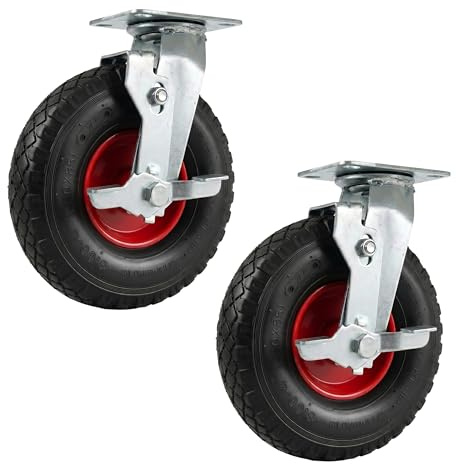 Relaxdays Lenkrolle mit Bremse, 2er Set, 3.00-4, 120 kg, schwarz/rot | luftbereift, Gummi, Stahl Platte, Schwertlastrolle