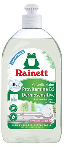 RAINETT - Liquide Vaisselle Mains Dermosensitive - Formule Hypoallergénique - pH Neutre - Préserve les Peaux Sensibles - Flacon Recyclé & Recyclable - Ecolabel - Format Compact - 500 ml