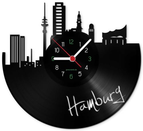 GRAVURZEILE Schallplattenuhr - Skyline Hamburg - Wanduhr aus gegossenem Vinyl mit Stadt Skyline 30 cm - Upcycling Design-Uhr Wand-Deko Vintage Wand-Dekoration Retro-Uhr - Made in Germany
