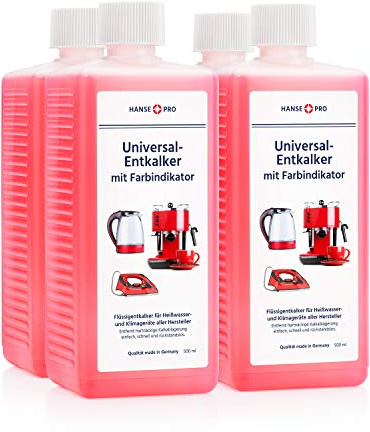 HANSE PRO Entkalker mit Farbindikator, 4 x 500 ml I Flüssig-Entkalker I Universal einsetzbar I Kalklöser I für Kaffeevollautomaten, Kaffee-Maschinen, Wasserkocher, Bügeleisen, Kaffee-Padmaschinen