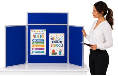 Wonderwall Foldaway Tabletop Exhibition 3 Panel Display Kit| Dual-Sided | Royal Blue/Grey |Landscape Style| with Bag, Header, Adhesive Dots Starter Pack|for Healthcare, Schools, Events,