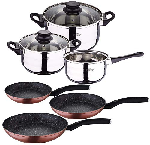 San Ignacio Batería de cocina 5 piezas acero inoxidable y set 3pcs sartenes Ø20/Ø24/Ø28, aluminio forjado, inducción
